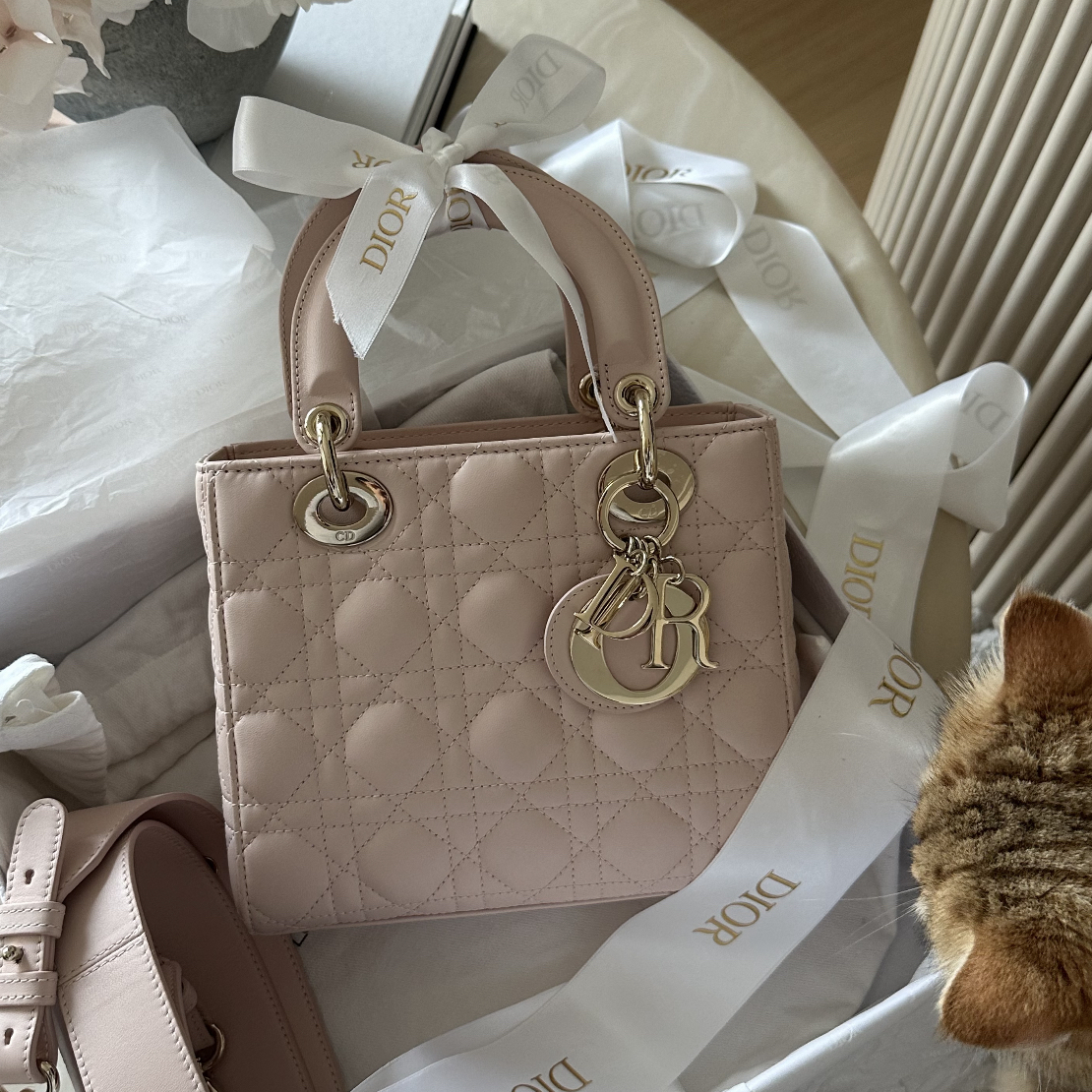 99新 DIOR/迪奥 定金链接！！！戴妃四格粉色羊皮斜挎包/85675