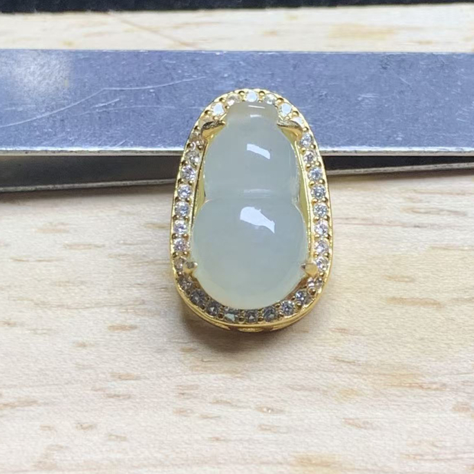 天然缅甸翡翠A货925银镶嵌葫芦吊坠玉坠项链挂件尺寸14.7×9.8×7.3