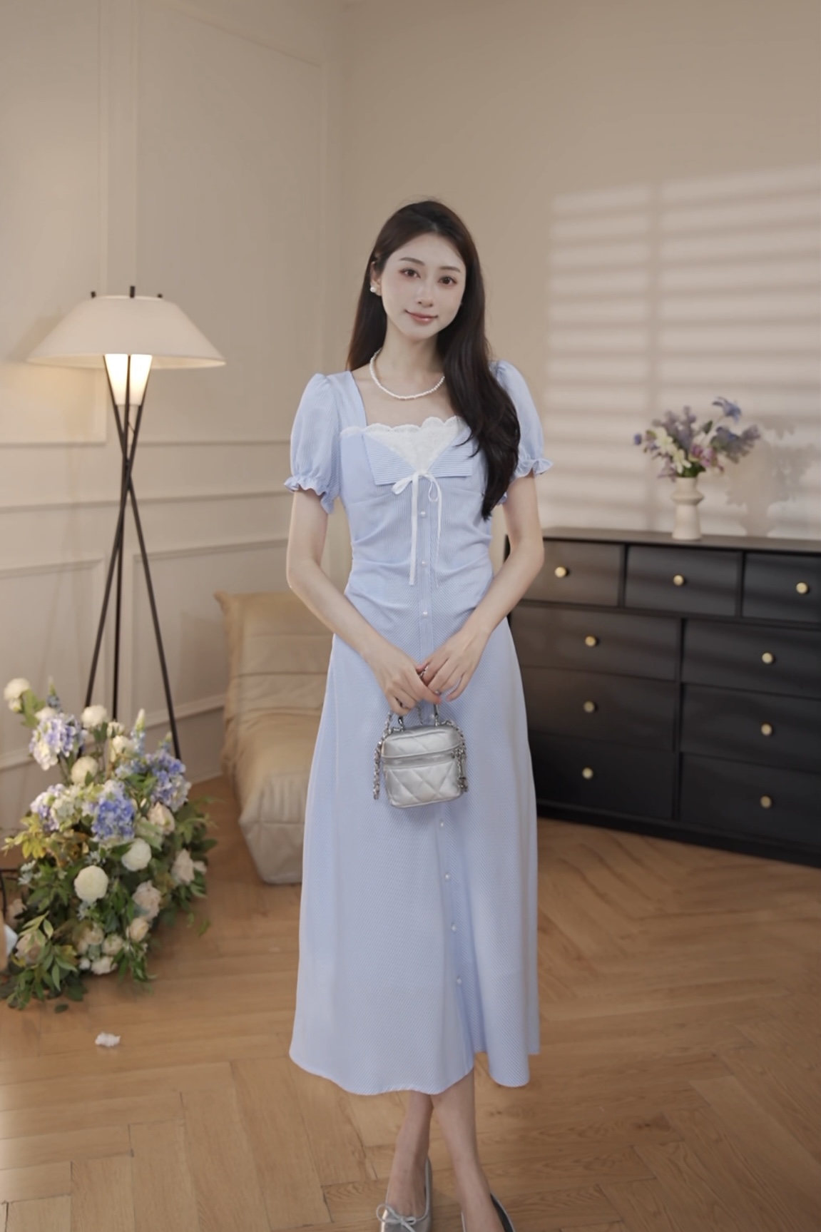 鹿向南「蓝风铃」条纹蕾丝拼接少女韩系减龄日常连衣裙DYL661887