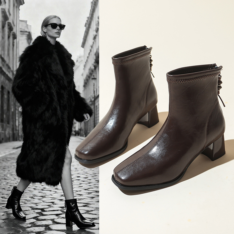 复古秋冬季短靴粗跟时装靴中跟女靴时尚英伦风切尔西靴方头瘦瘦靴