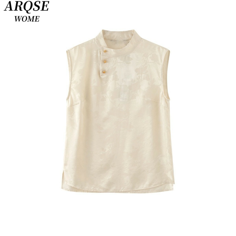 艾家新款2025春夏百搭中式无袖圆领印花上衣衬衫女5054