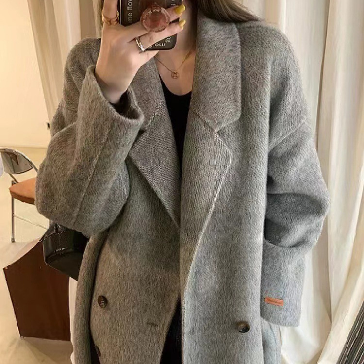 高级感双面羊毛大衣女慵懒风韩版宽松灰色美拉德毛呢外套长袖秋冬
