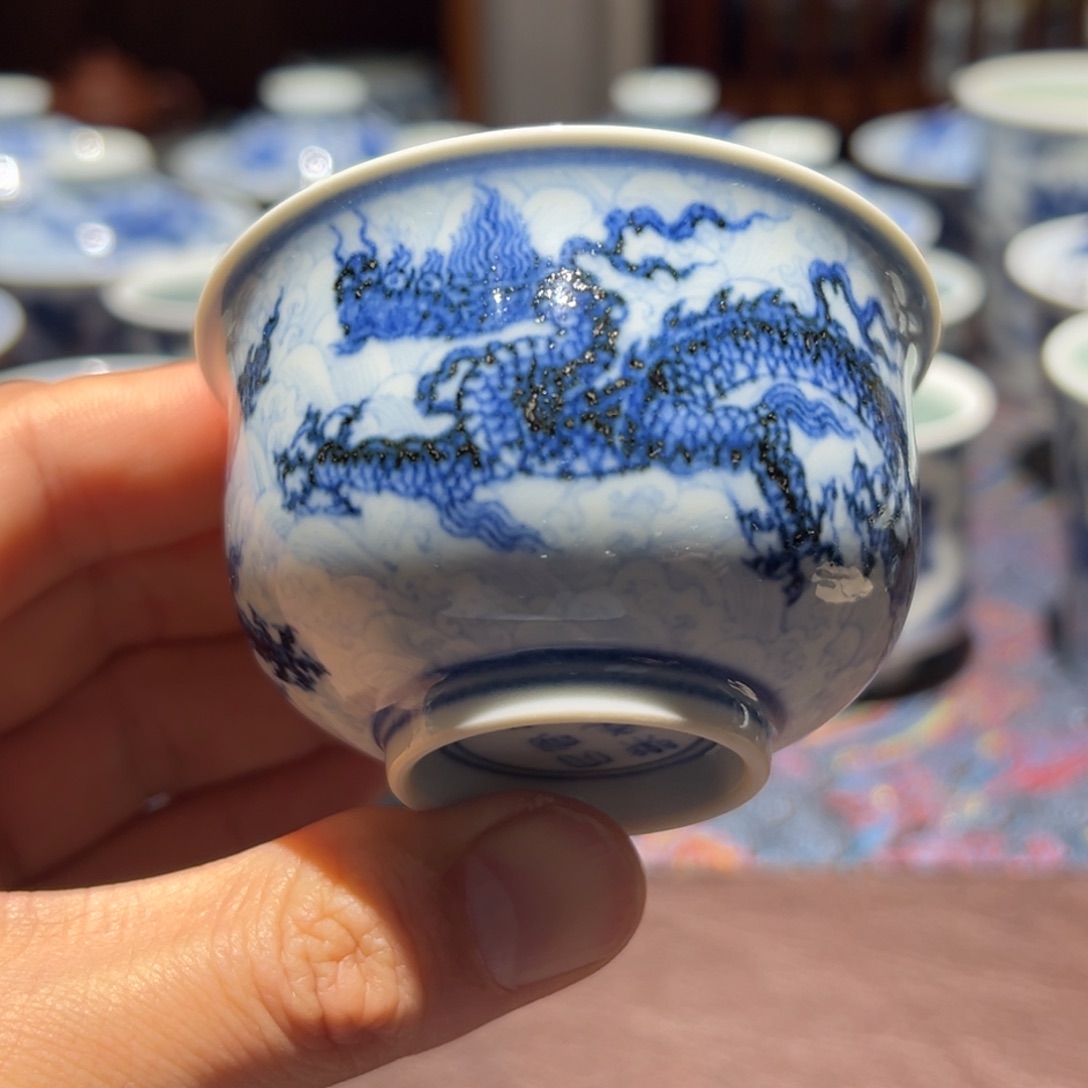 杯青花海水龙三龙炉式杯口径约7厘米
