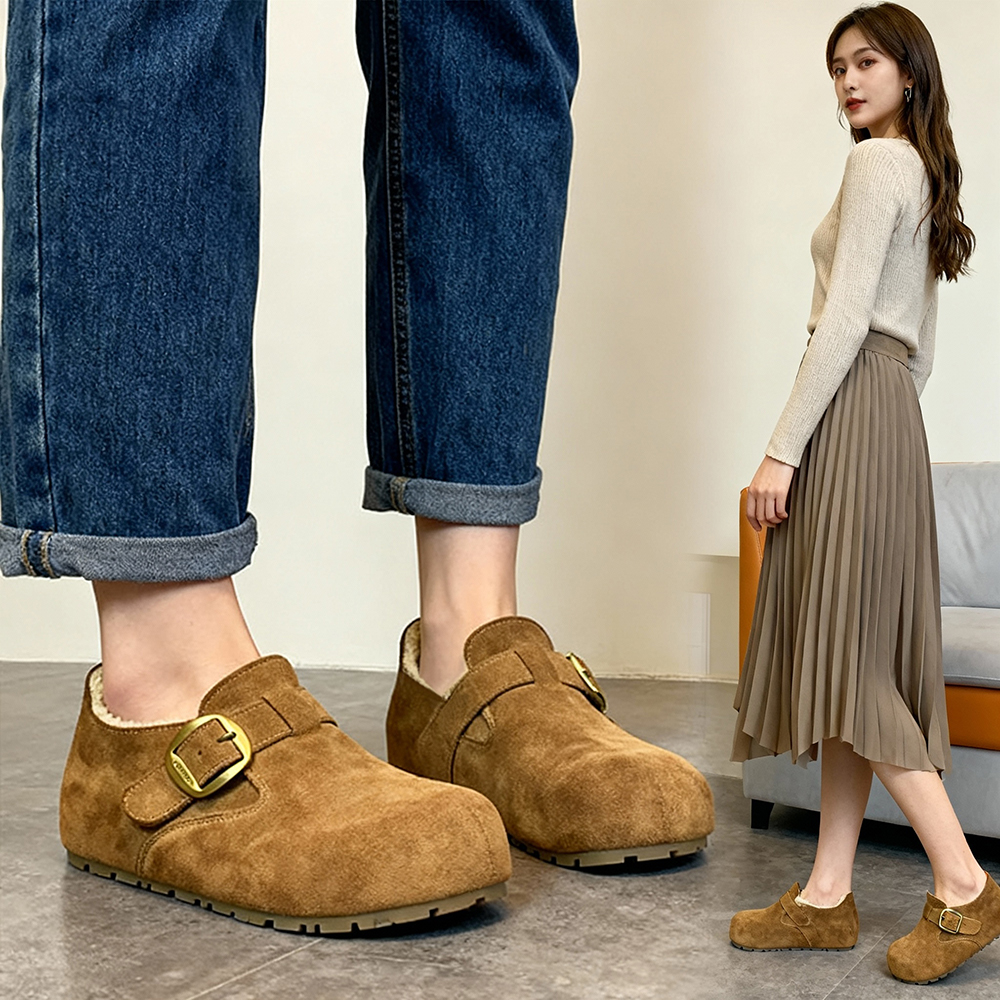 真皮平底内增高棉鞋冬季港风休闲保暖全包勃肯鞋新款一脚蹬女鞋