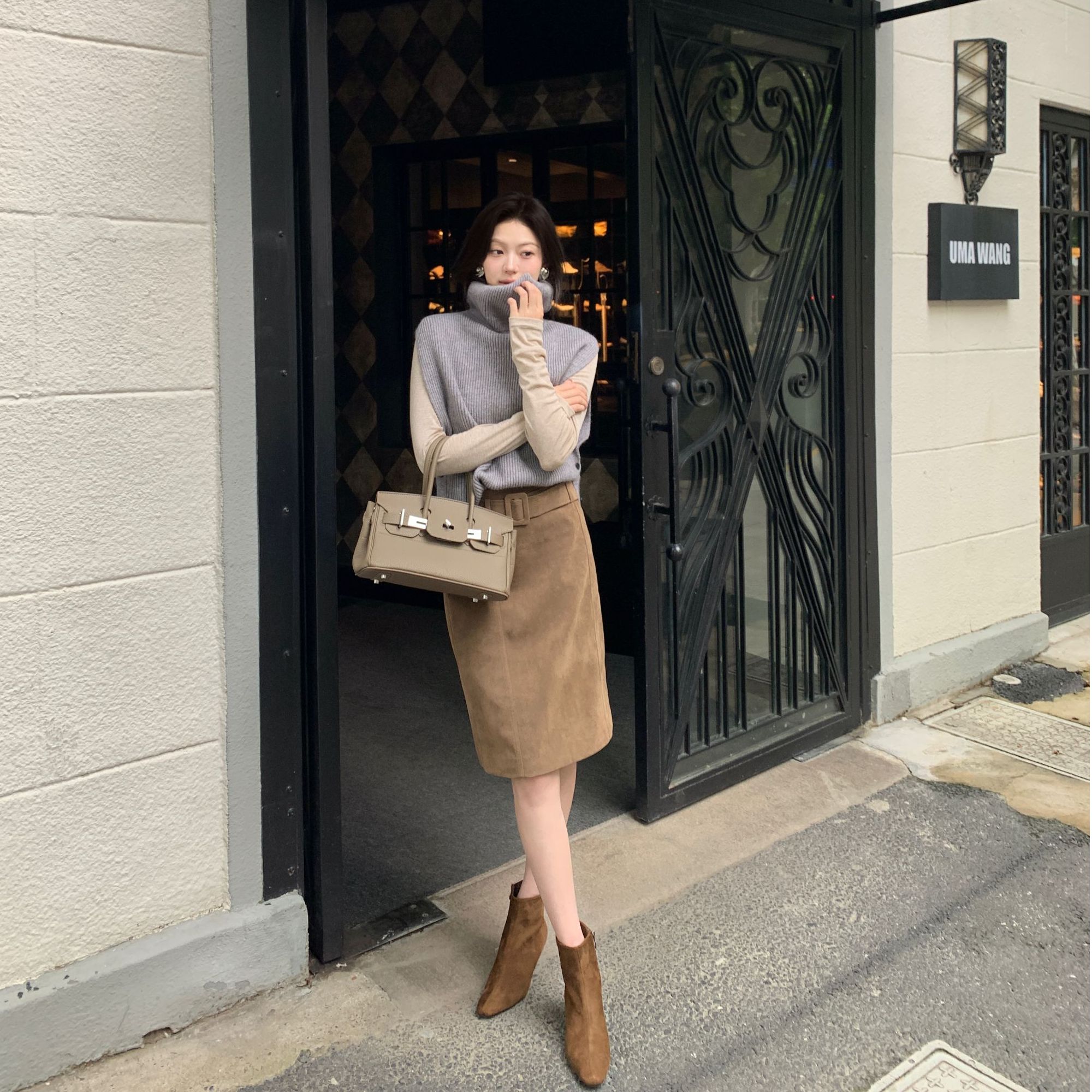 JINY | “复古唱片"【PU皮】秋季麂皮半身裙可拆腰带直筒裙 MAQ27704