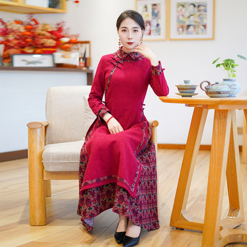 如意风改良奥黛旗袍连衣裙秋季新款复古中国风高级气质长裙26R002
