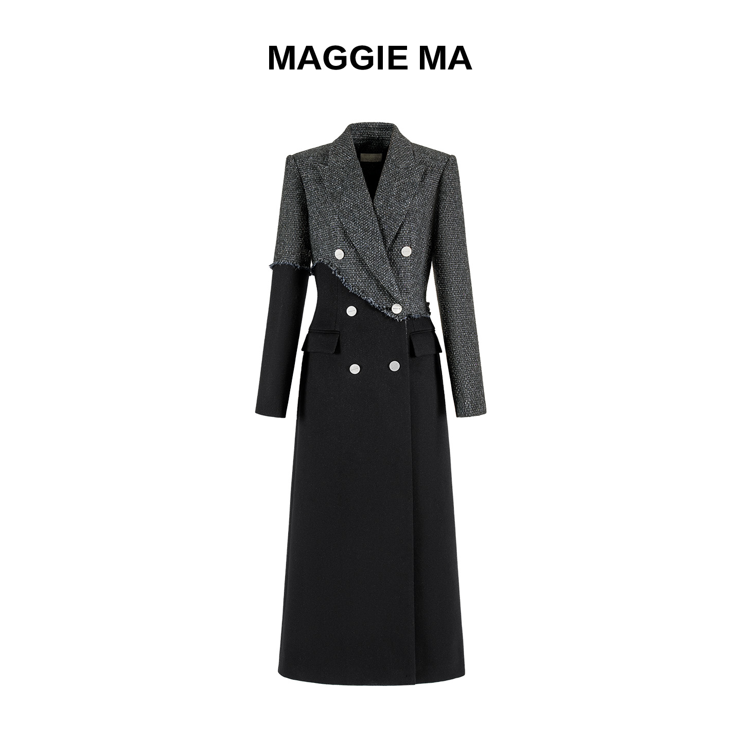 MAGGIE MA马婧设计师款拼接设计感外套粗花呢拼接长款大衣773C