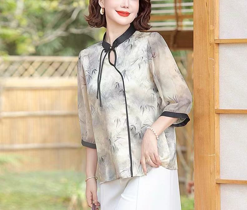 D234妈妈打底衫薄洋气碎花女夏季中袖国风T恤雪纺上衣恤