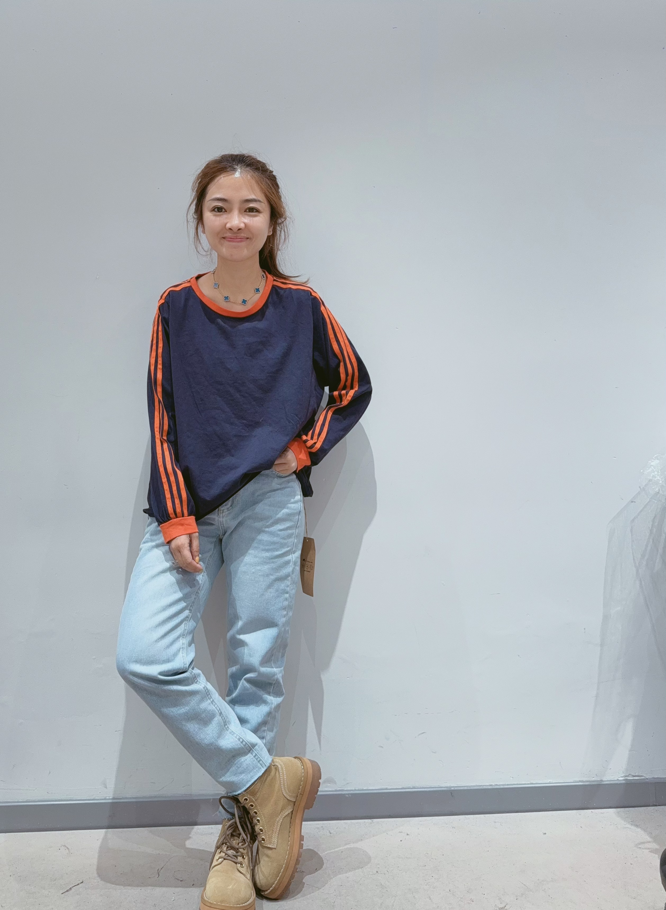 夏小朵 三道杠撞色长袖T恤 休闲宽松圆领时尚百搭潮流长袖T恤