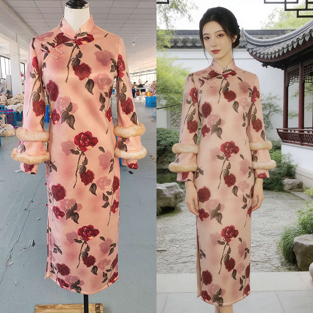 秋冬旗袍红花常规袖长袖印花中国风常规款蕾丝116