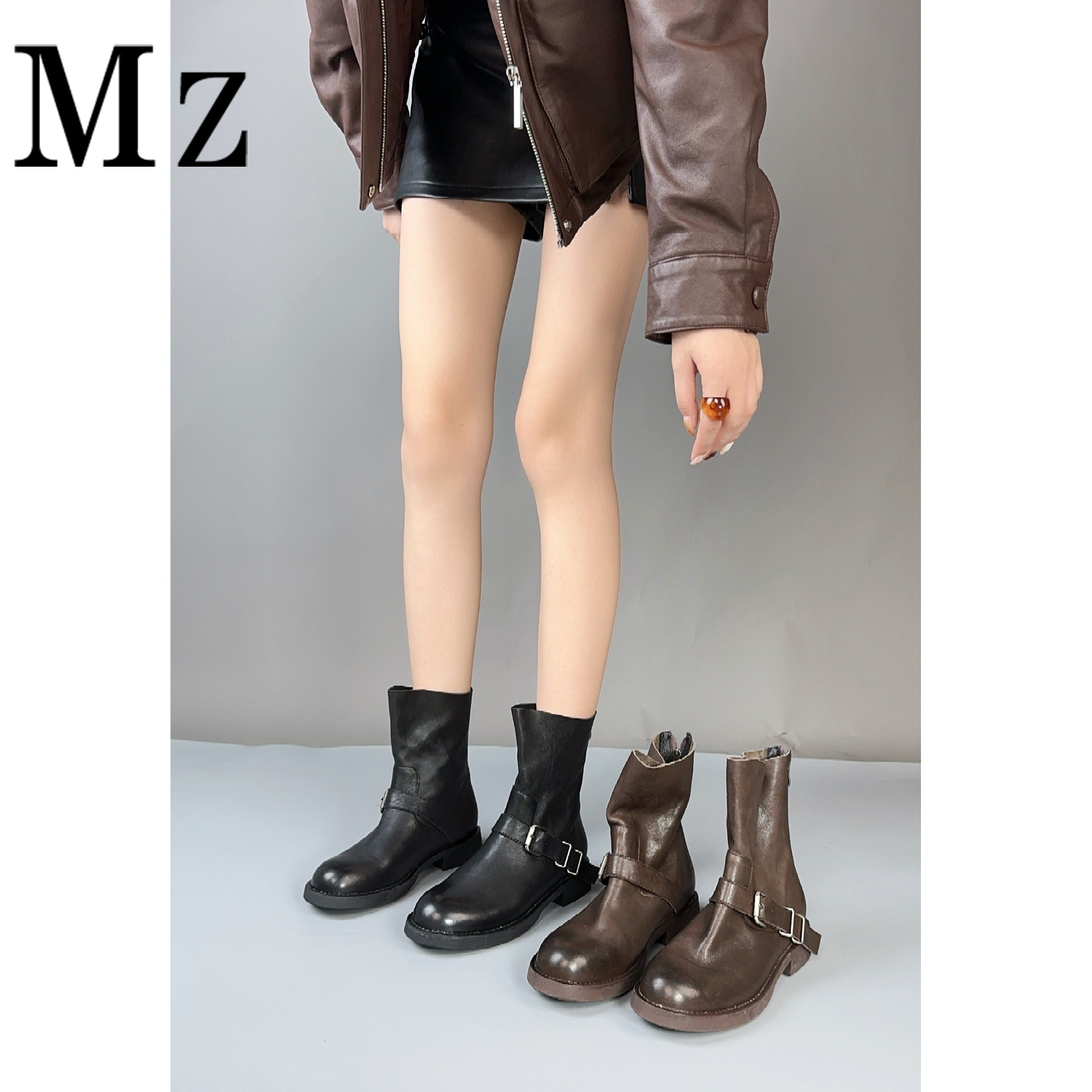  Mr.Zheng/3cm/头层水洗牛皮短靴女真皮皮带扣复古靴子秋冬女靴