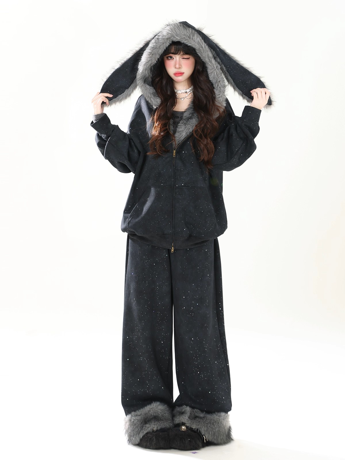 兔耳朵毛绒外套休闲阔腿裤两件套女冬装搭配满天星韩系穿搭套装