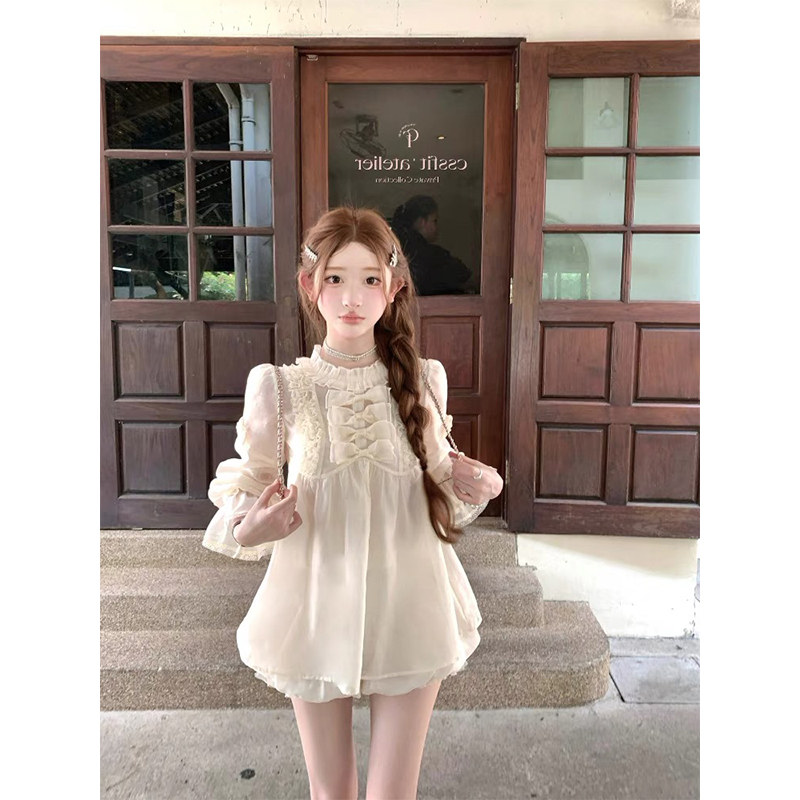 仙气飘飘蝴蝶结网纱上衣甜美千金感小众设计感衬衫宽松花苞短裤女
