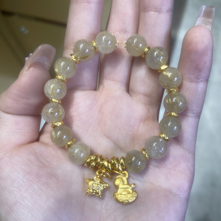 足金999纯黄金 木马➕星星滴流盘缠手串 发丝分明