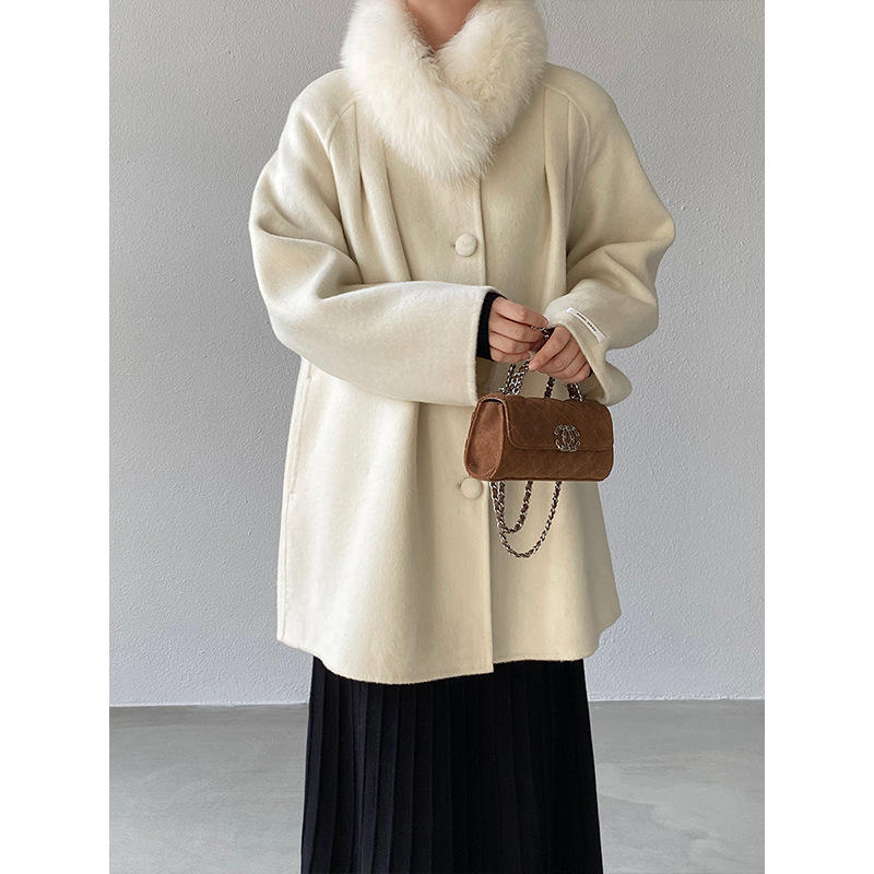 狐狸100呢冬5861毛领女羊毛长款新款双面25廓形外套大包中