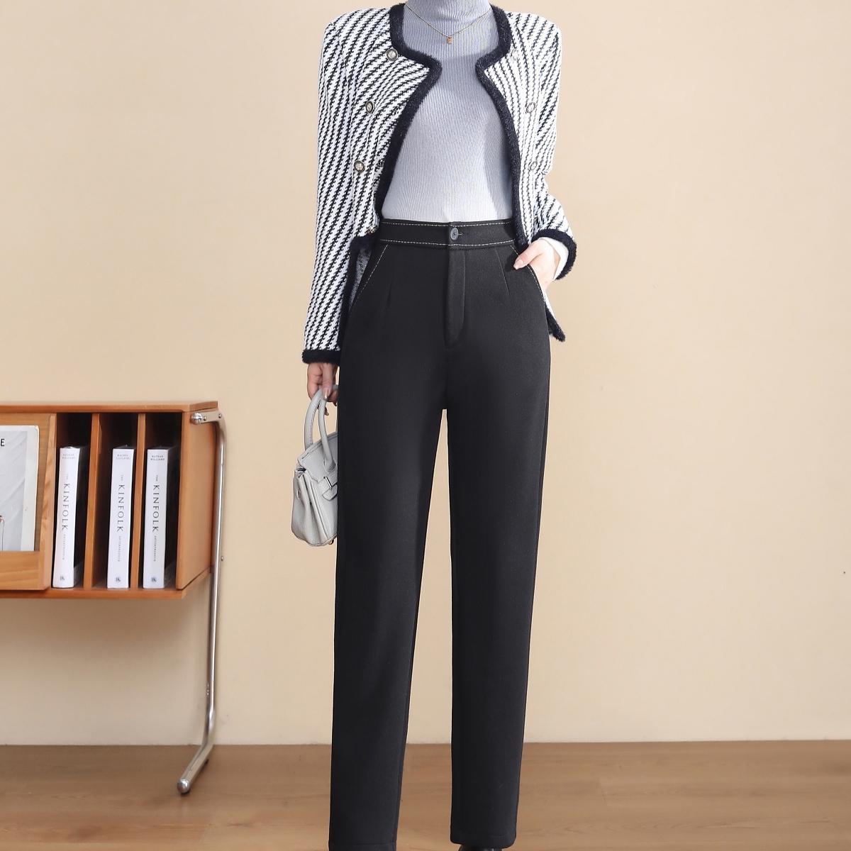 X2858【上新】刺绣羊 毛蚕丝烟管裤气质名媛风高级感加厚直筒裤3D