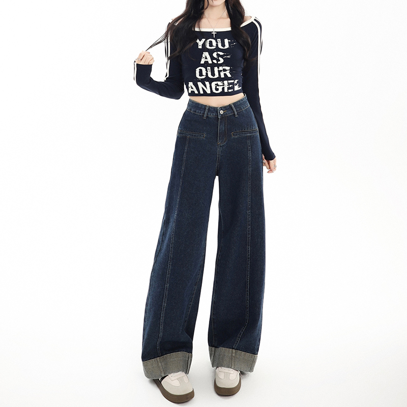 宽松直筒高腰拼接2025秋季新款牛仔裤女百搭秋装水洗外穿女长裤