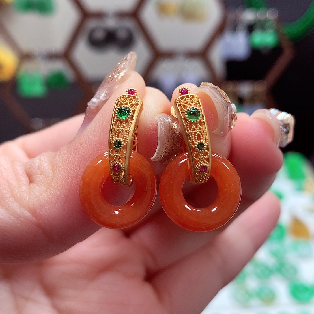 翡翠耳饰银S925镶嵌天然翡翠