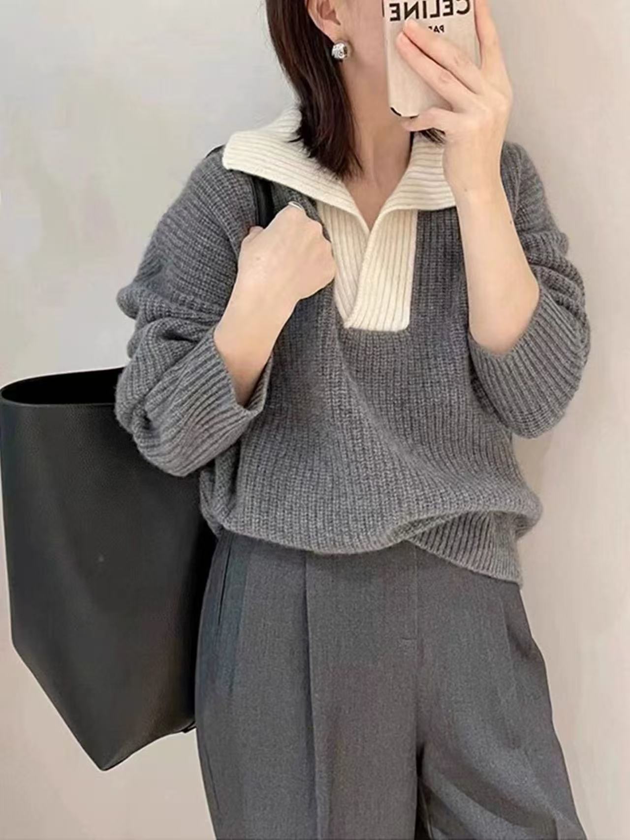 0436 Y211翻领毛衣针织衫女秋冬新款韩系宽松慵懒上衣潮8201