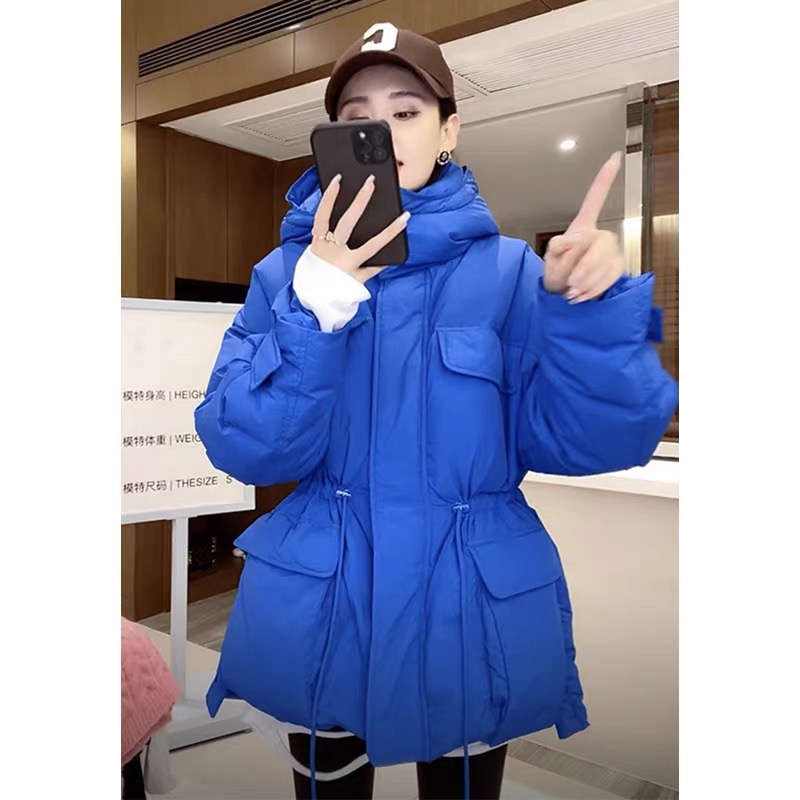 自编1759克莱因蓝设计感收腰立领连帽羽绒服面包服外套