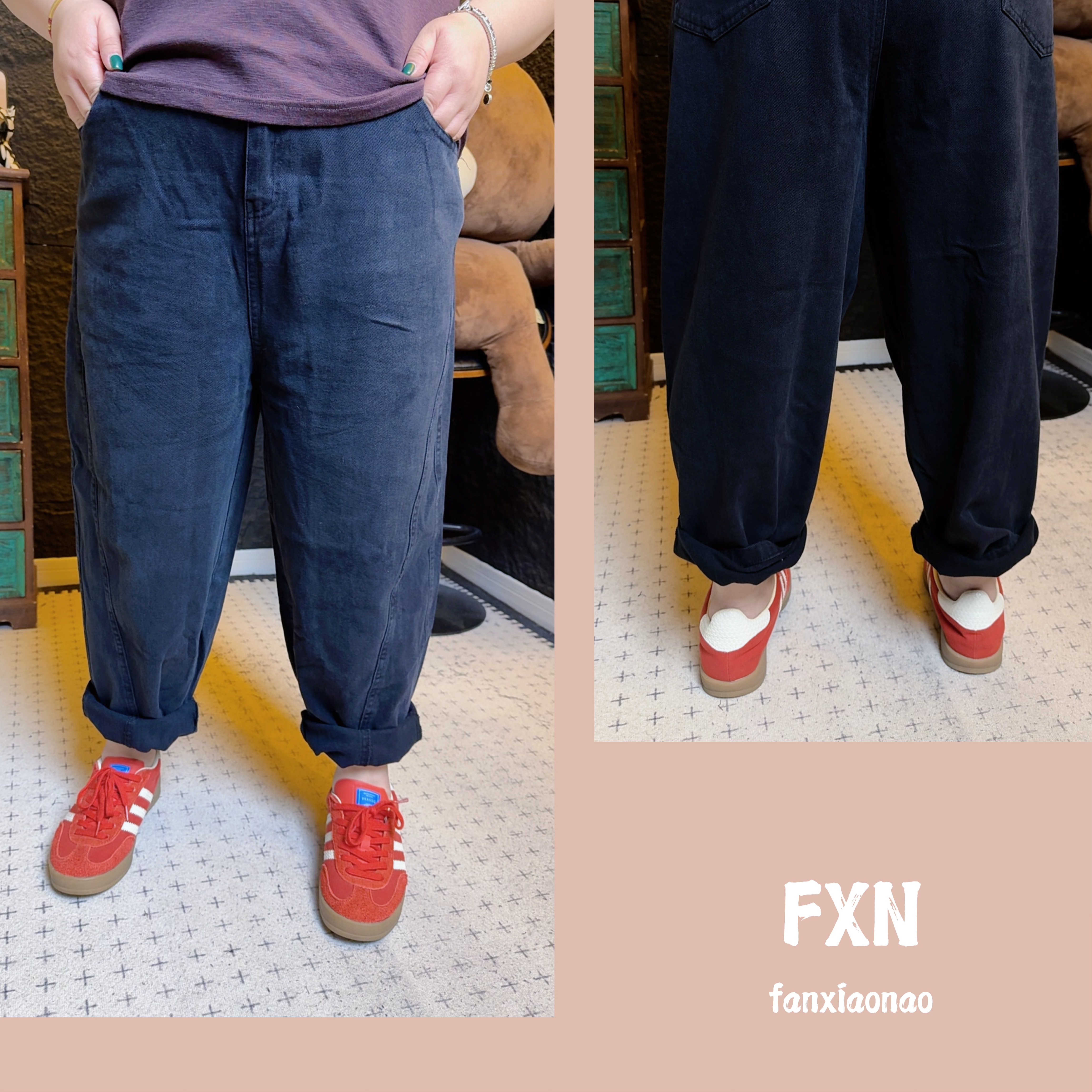 【FXN】黑色净版水洗布哈伦裤