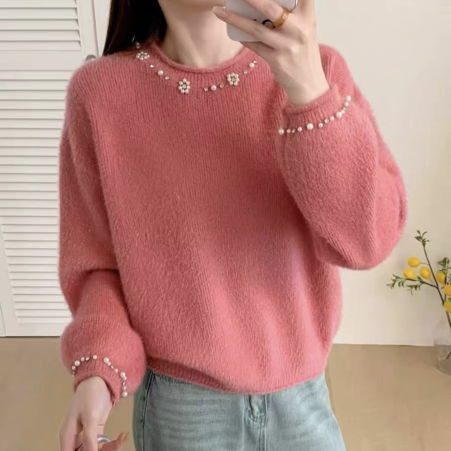28#不起球秋冬套头钉珠长袖纯色毛衣针织衫