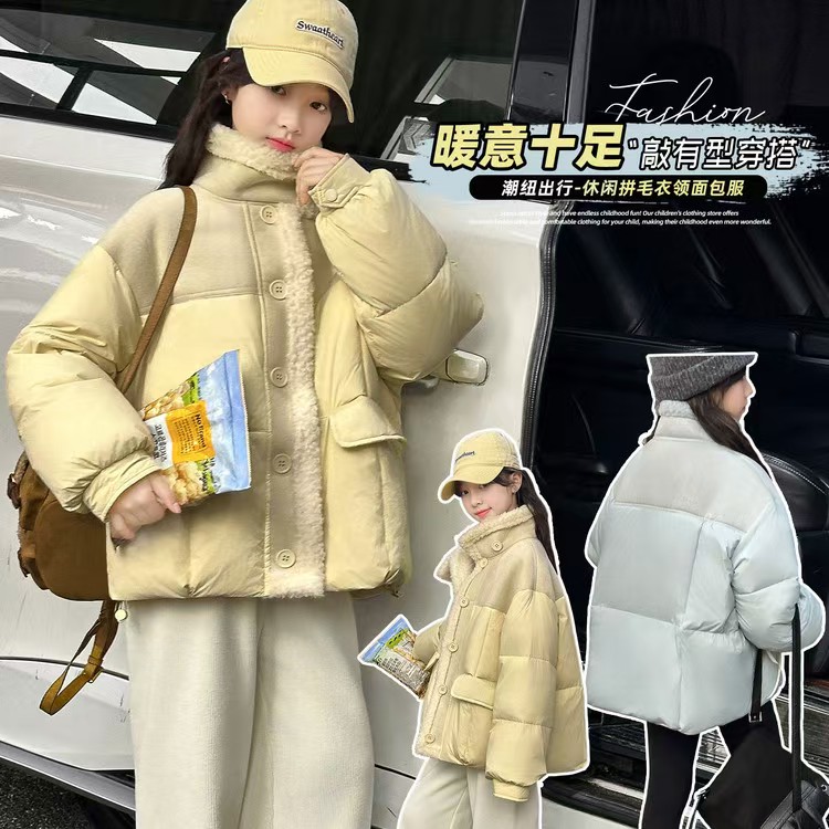 女童加棉加厚外套2025冬季新款时尚洋气翻领面包服毛毛衣棉服外套
