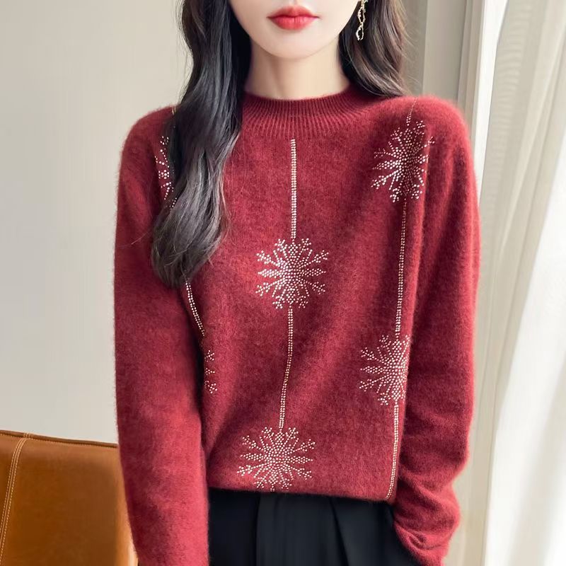 雪花烫钻半高领针织衫长袖时尚百搭秋冬套头提花修身-200-FNN