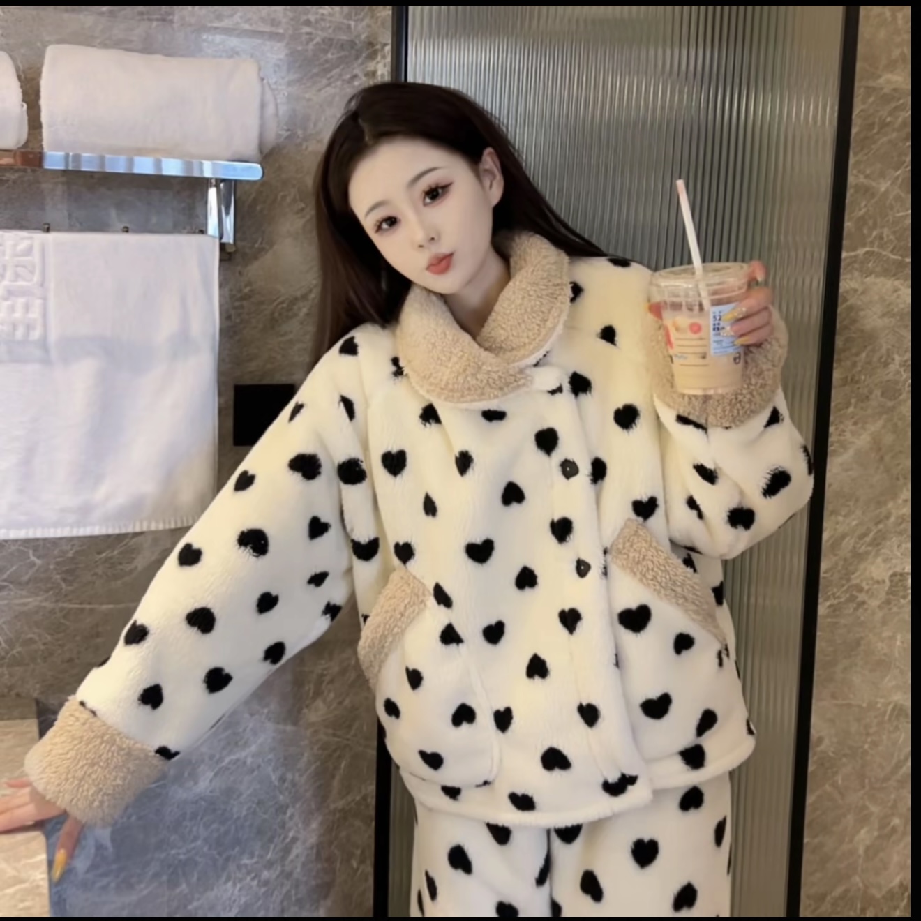 【加厚爱心】冬季可爱加厚加绒保暖休闲睡衣女翻领外穿韩版甜美网红