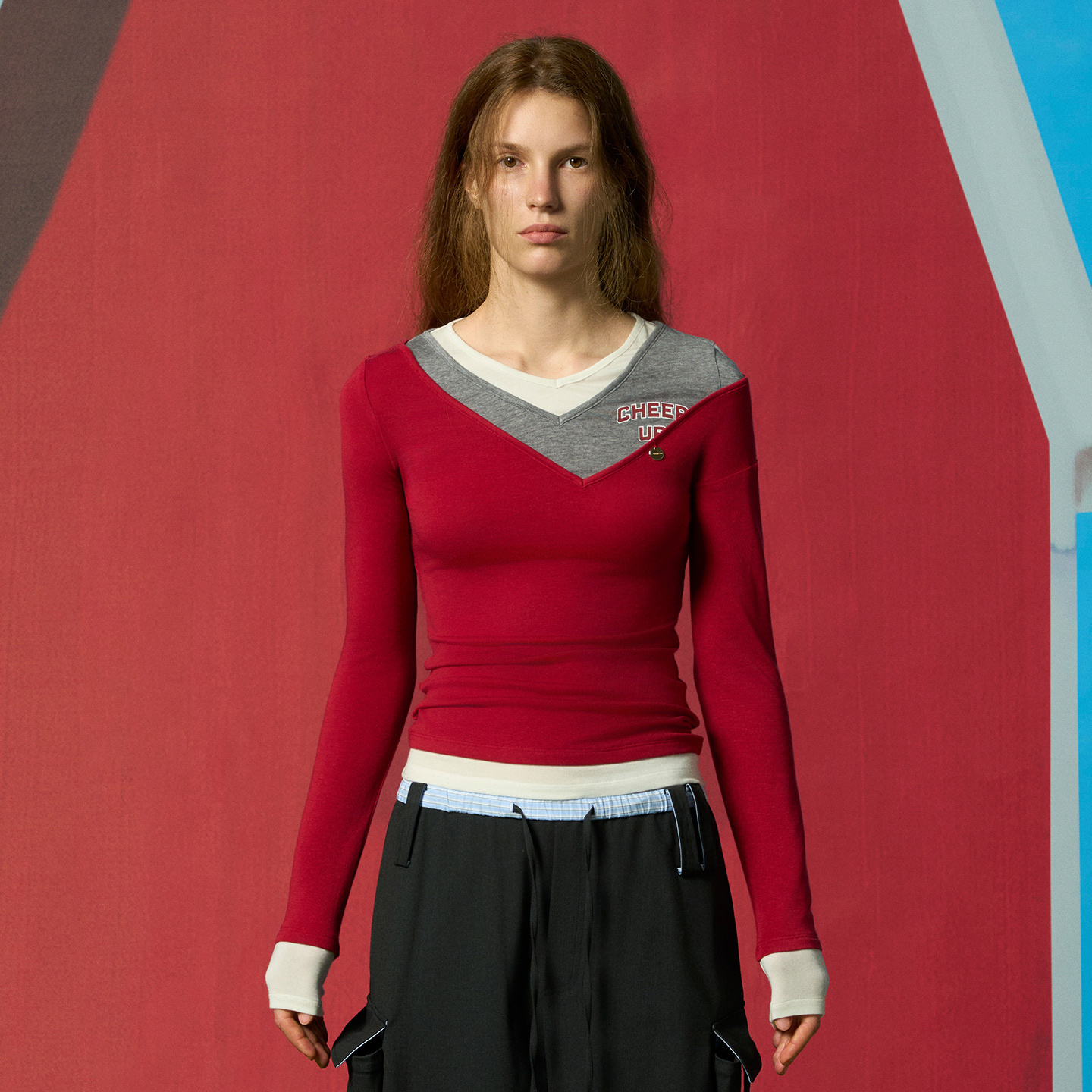 CHEERiUPi26春季修身V领假三件天丝羊毛条纹T恤（no退可换款换码）