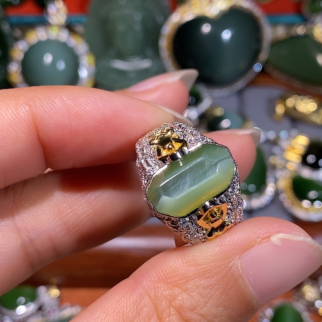 和田玉（碧玉）银S925镶嵌戒指