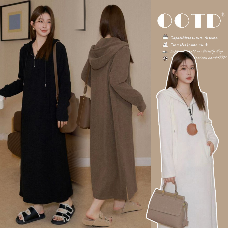 孕妇连衣裙秋冬加绒加厚长款过膝2025新款网红连帽保暖卫衣打底裙