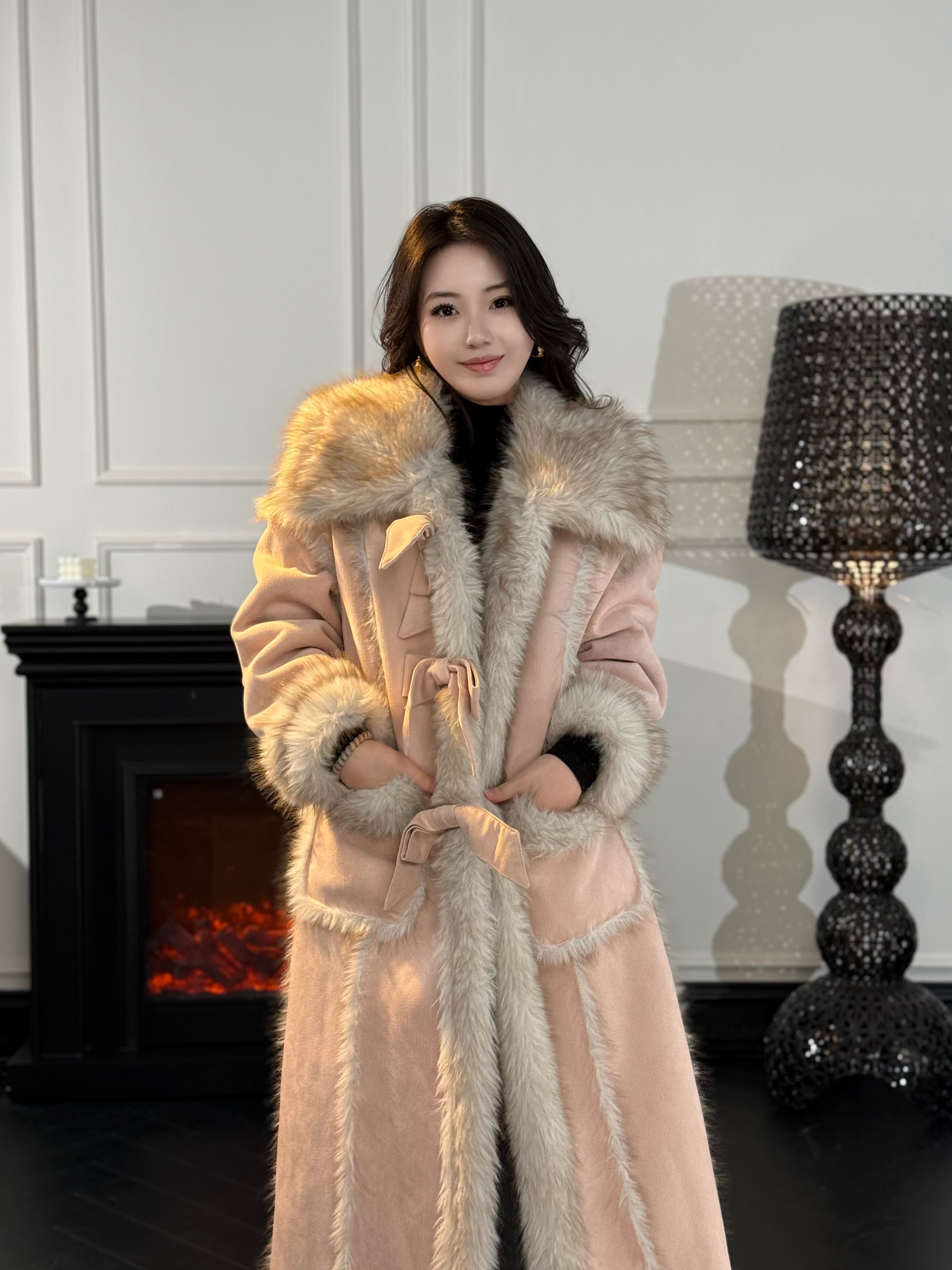 人造皮草 “糯糯布蕾”蝴蝶结减龄大衣新款宽松加厚毛毛长款-2882