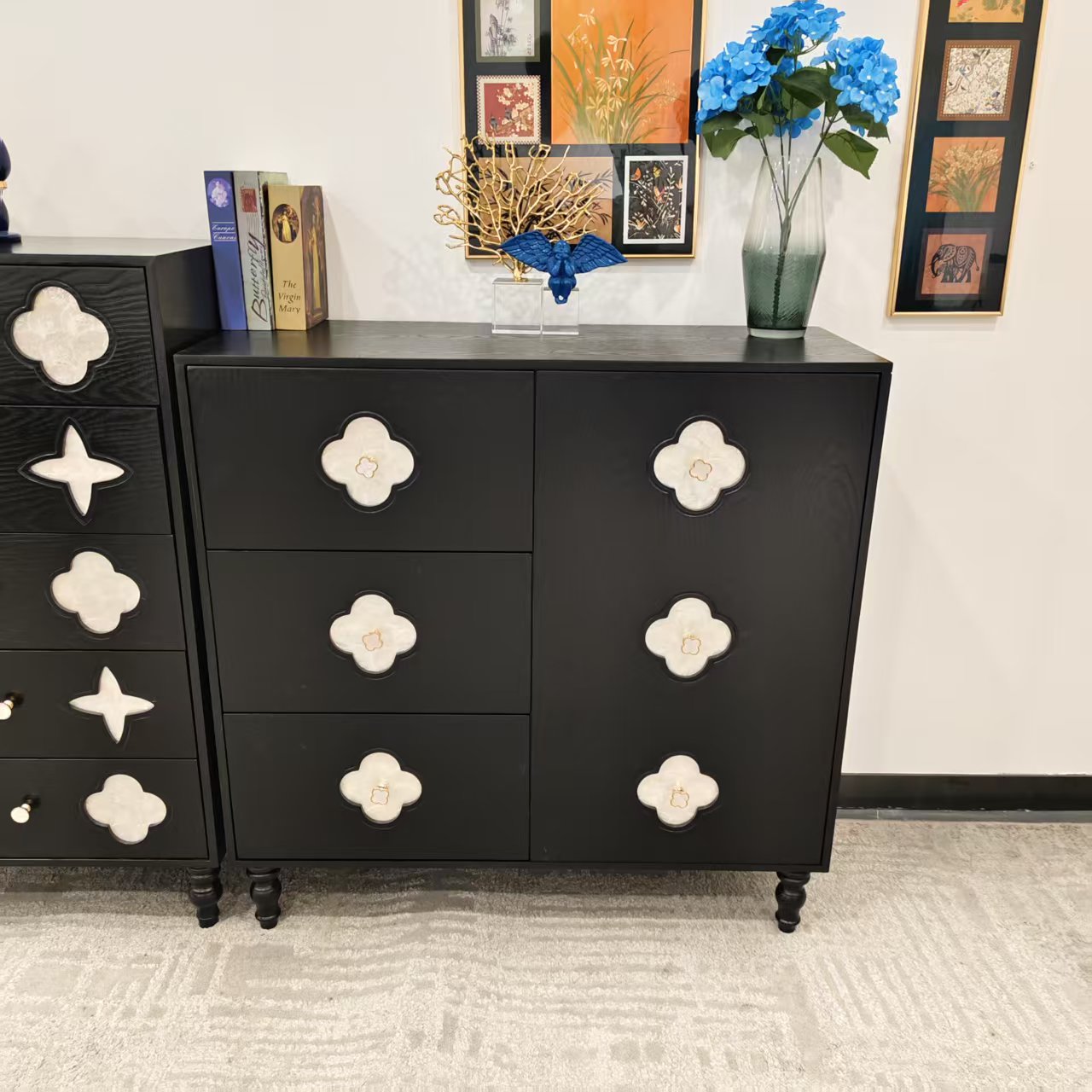 法式复古玄关柜四叶草储物柜隔断多斗柜茶水柜中古黑色柜子装饰柜