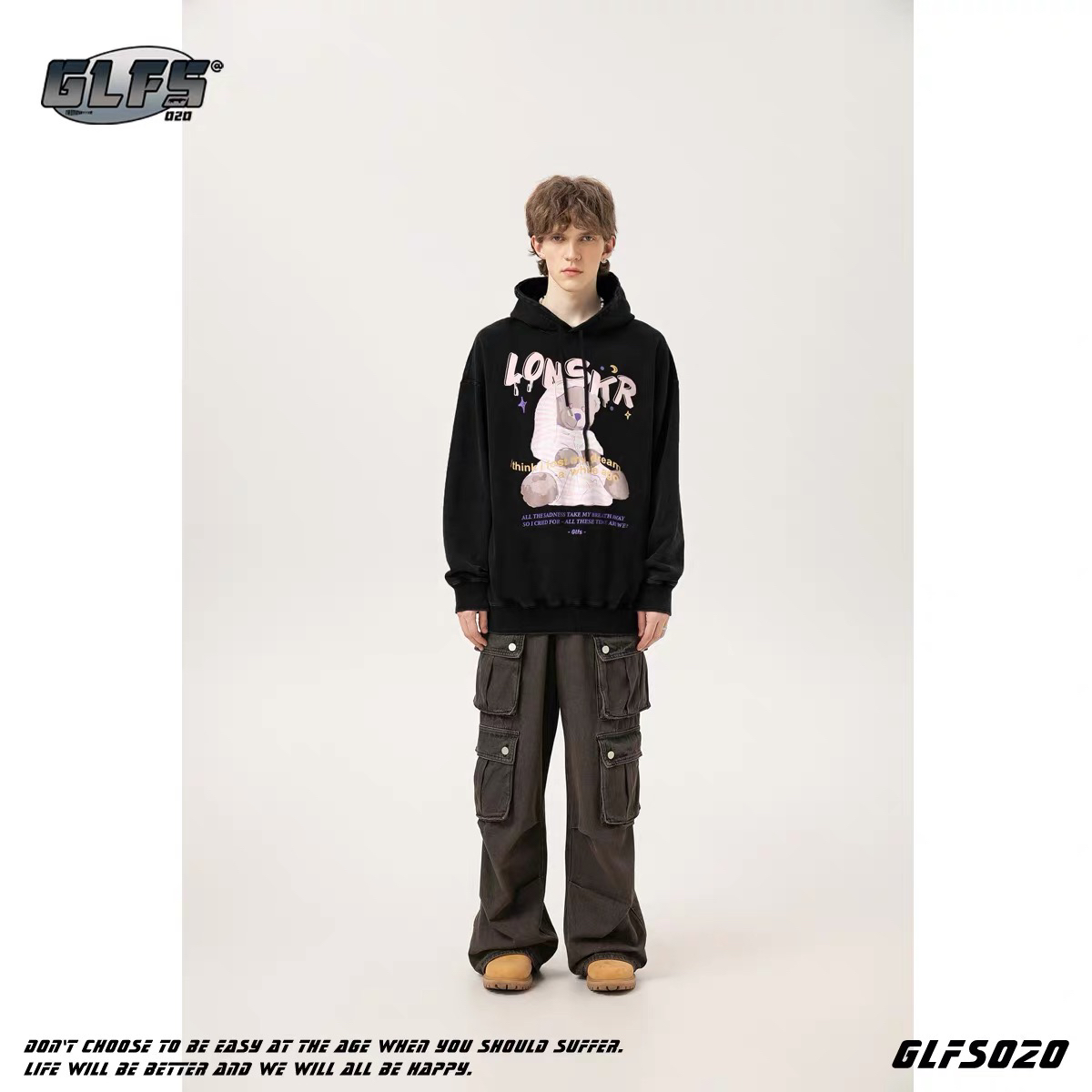 秋季毛圈纯棉可爱小熊印花连帽卫衣男女情侣