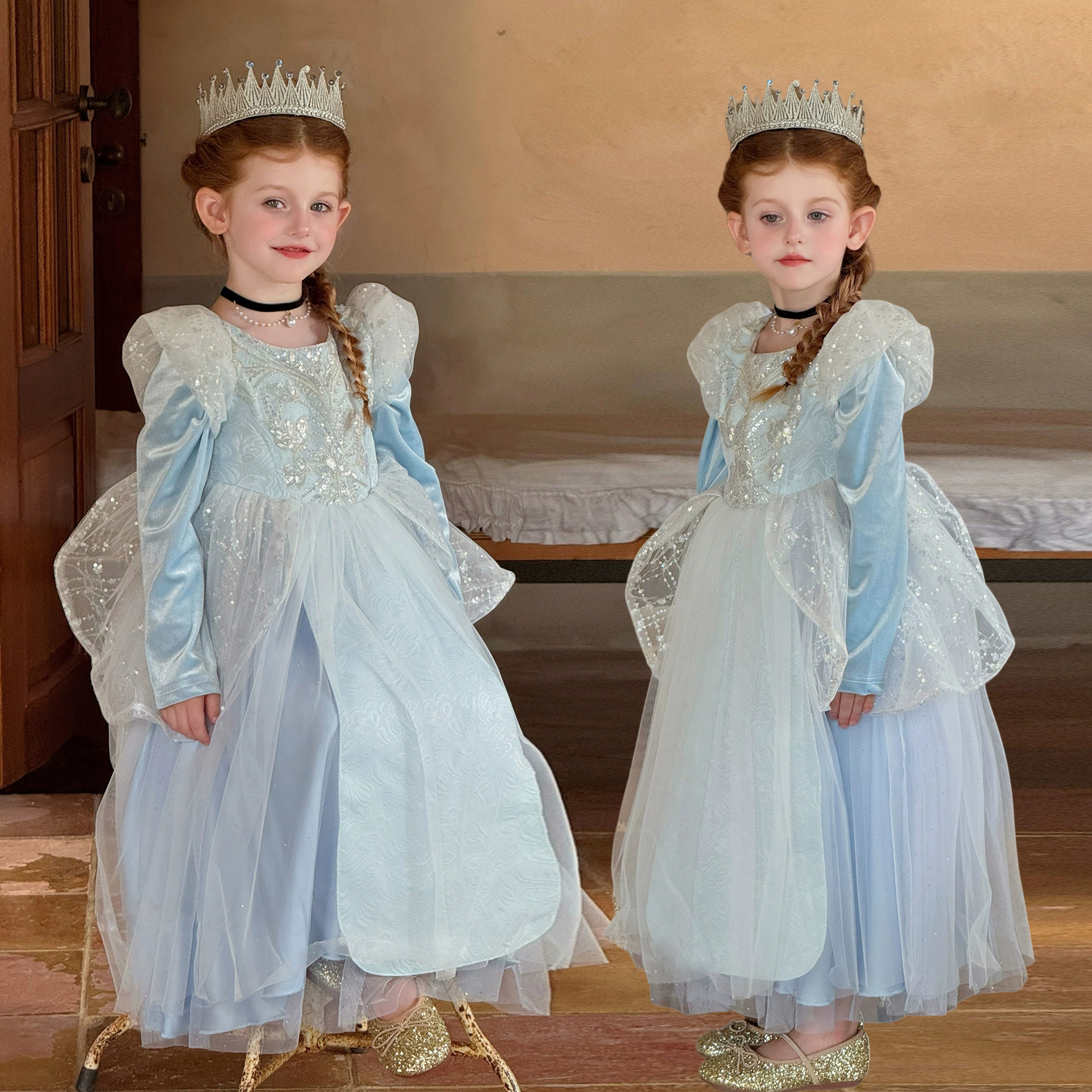 爱莎公主裙灰姑娘公主裙蓬蓬纱女童秋冬加绒长袖裙子儿童生日礼服