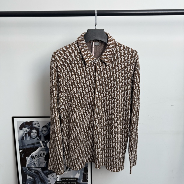 未使用 DIOR/迪奥 棕色棉质针织满印衬衫/XL带吊牌