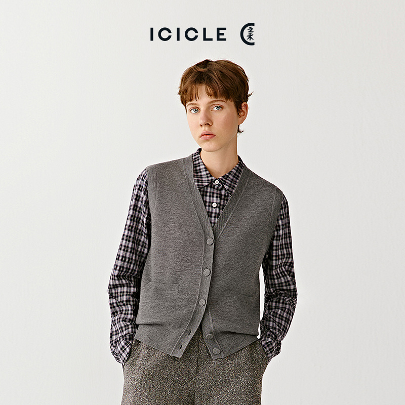 ICICLE之禾25早秋新品美丽诺羊毛针织开背心马甲0416