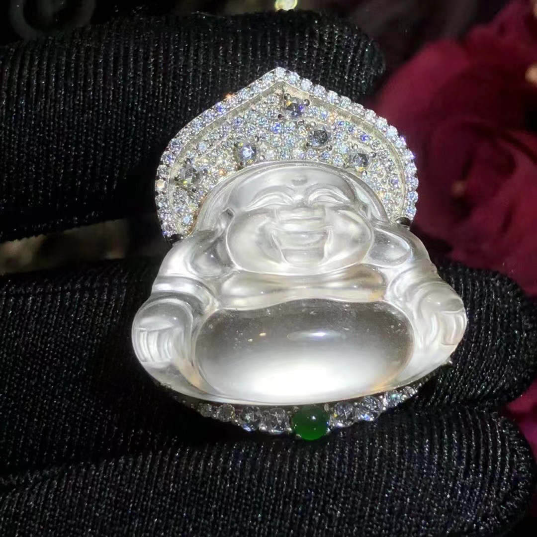 XinYuan｜笑佛｜天然石英质玉笑佛吊坠满钻镶嵌精致可拆卸