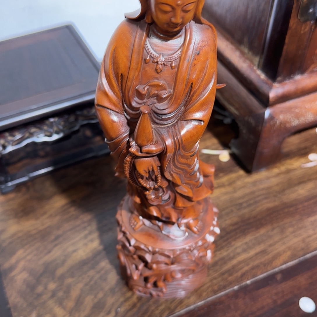 泥***泥黄杨木观音摆件高26