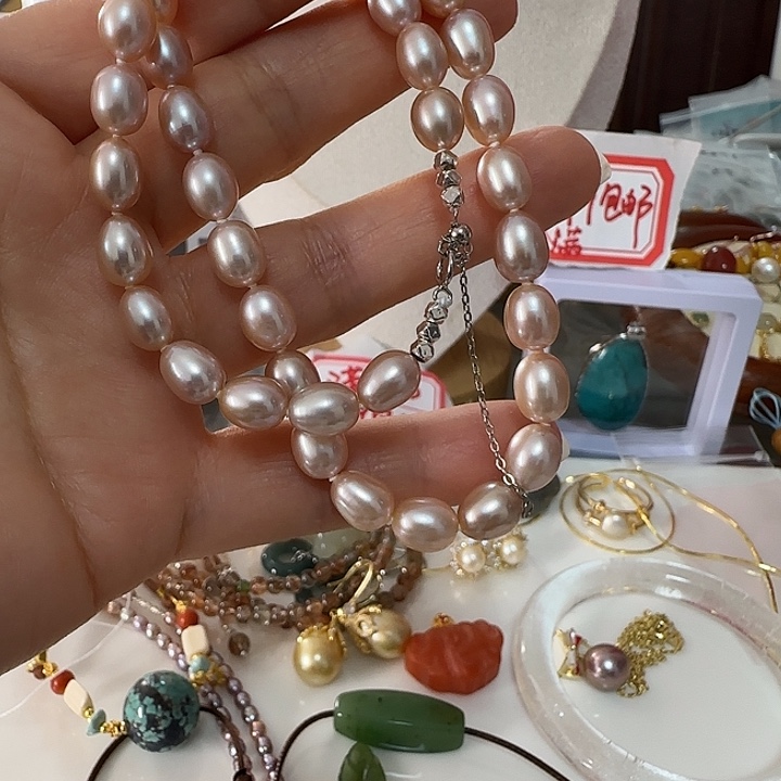 淡水珍珠银S925镶嵌颈饰胖米荷花粉正常纹优秀