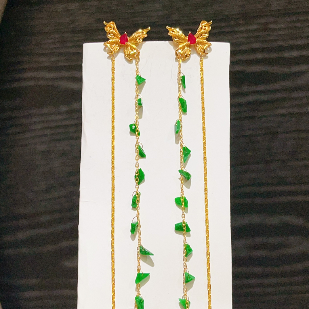 a货翡翠金色蝴蝶耳钉梦蝶长耳饰高级感百搭