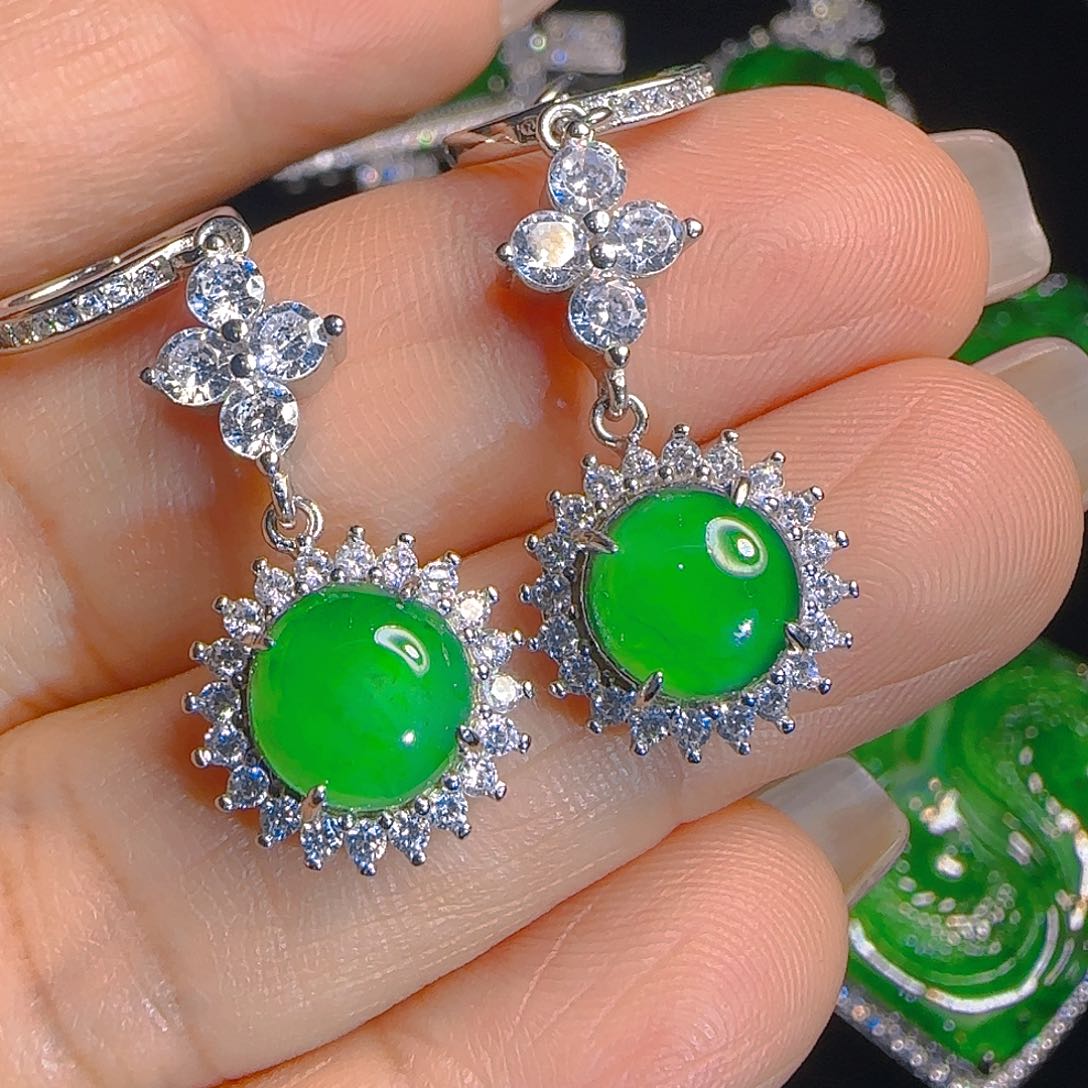 翡翠耳饰银S925镶嵌天然