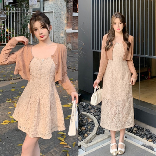 【现货】温柔风蕾丝钩花吊带女春秋高级收腰气质显瘦开衫吊带裙8884