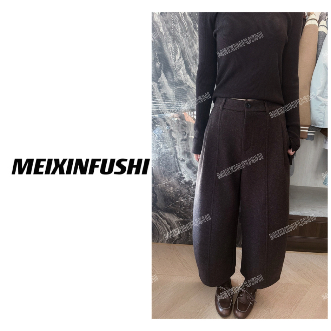 【Mei Xin】裤腰褶皱中线设计毛呢直筒裤/6236/D