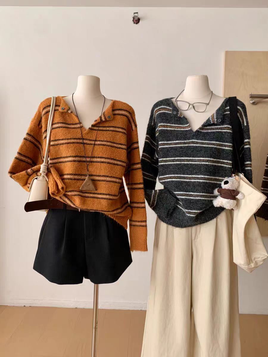 2025显瘦韩版撞色翻领毛针织衫时尚条纹针织慵懒风女装