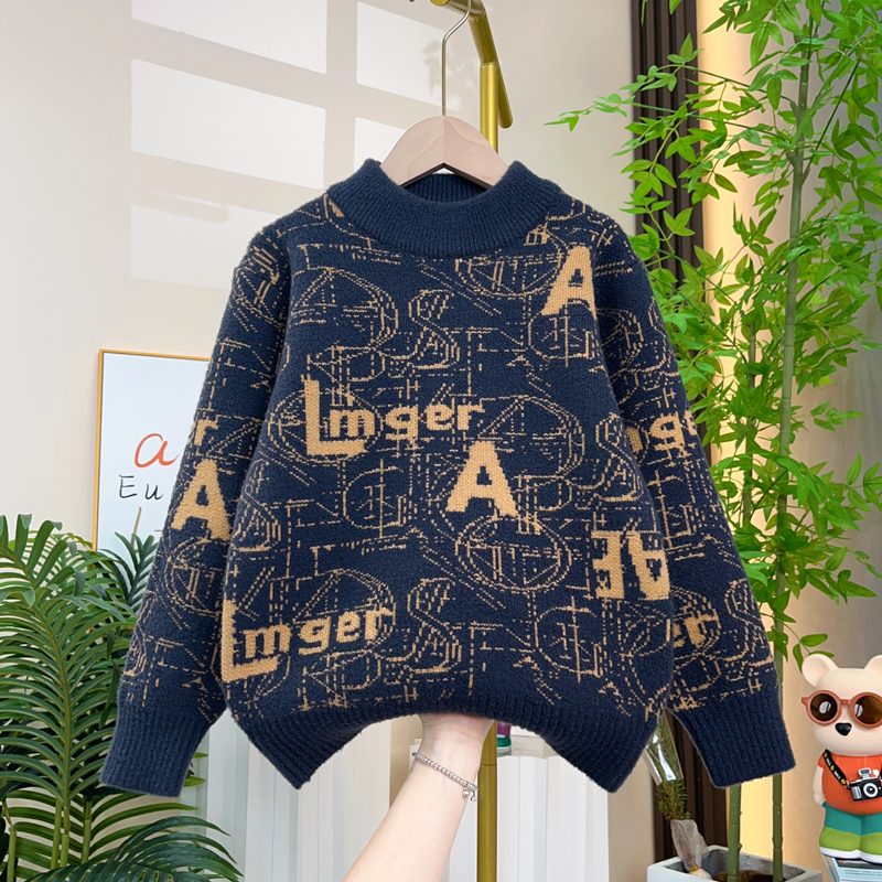 男童毛衣2025秋冬新款儿童加厚圆领打底针织衫套头上衣中大童潮