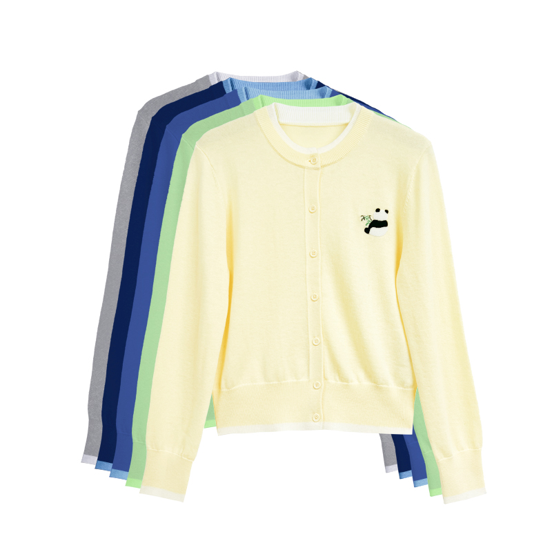 【橙庐】520558熊猫刺绣假两件绵羊毛混纺开衫 春款女士针织中国风