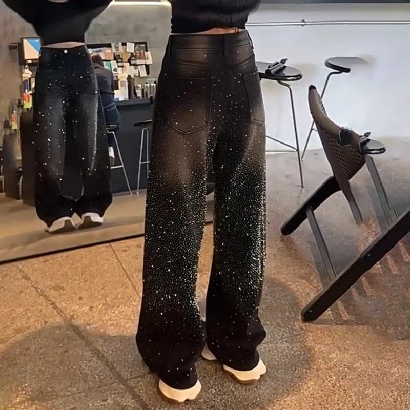 欧货满天星烫钻阔腿牛仔裤女秋冬加绒大码胖mm高腰宽松显瘦直筒裤