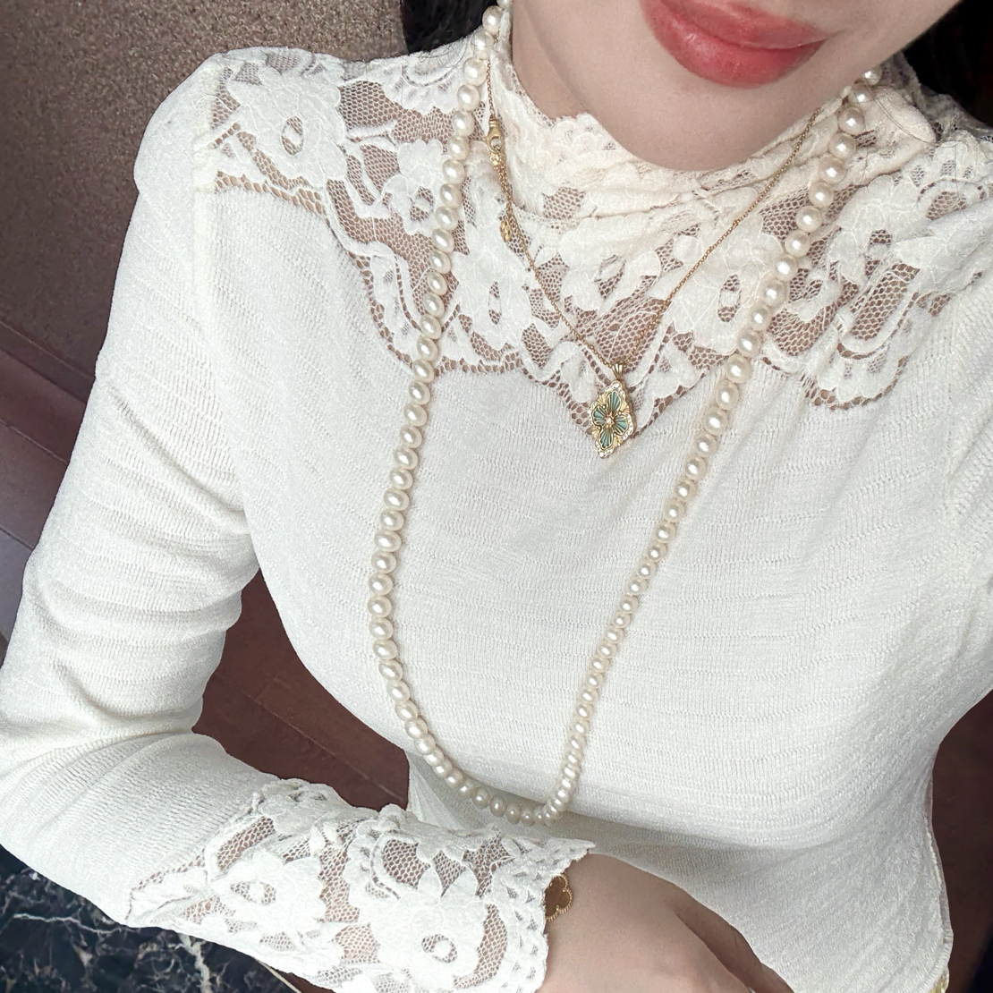 【媛珠】白色蕾丝复古百搭时尚气质打底衫时尚套装上衣收腰显瘦